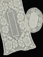 Vintage Filet Crochet Dresser Scarf Runner And Doily Set Of 2