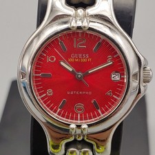Guess Waterpro Watch 28mm Red Dial Day Date New Battery 7.5" 300M Japan
