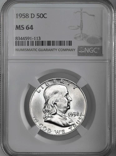 1958-D  50C  FRANKLIN SILVER HALF DOLLAR DENVER MINT NGC MS64 #8344591-113