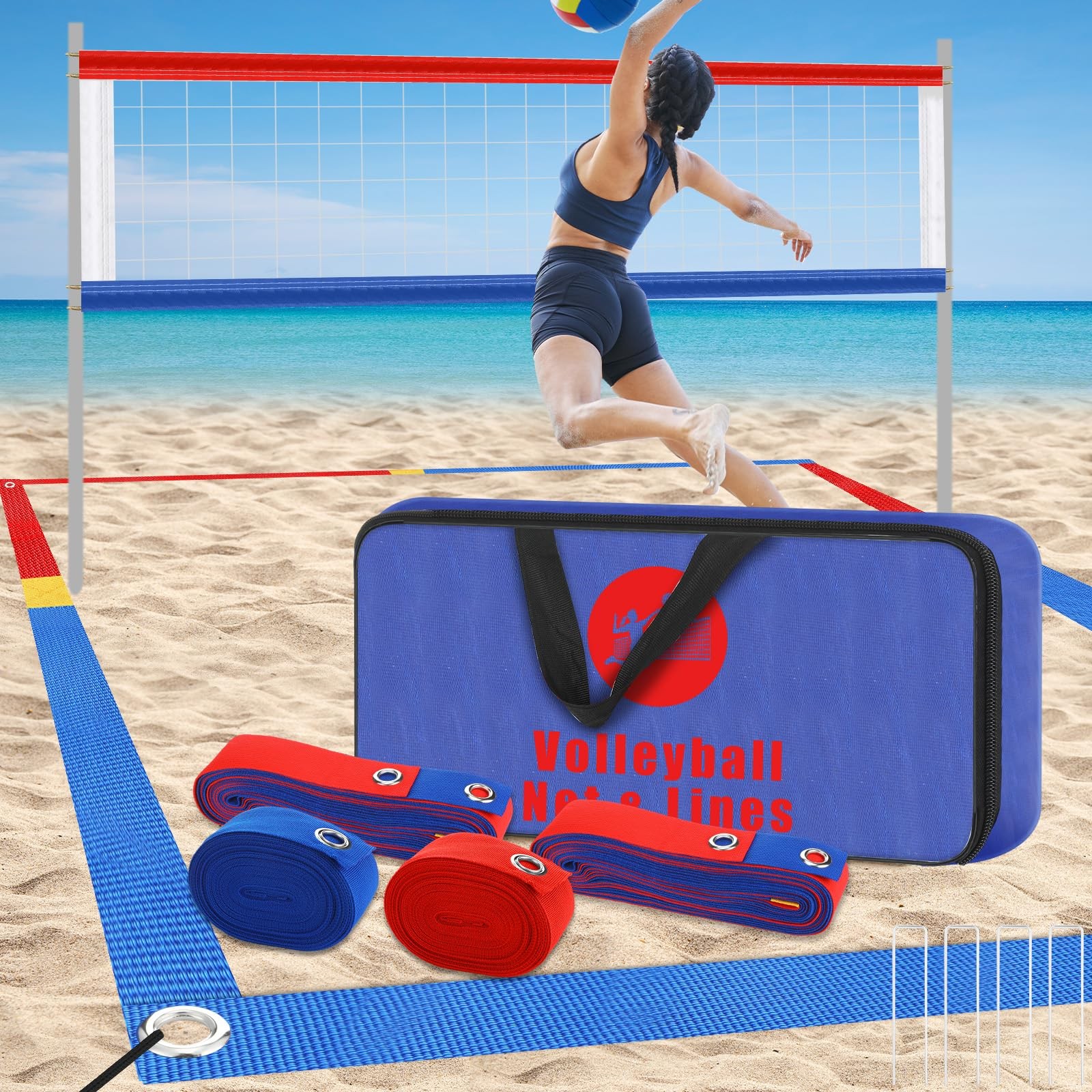 13 Pcs Beach Volleyball Net & Volleyball Lines for Sand Set 26. 3' x 52. 6' O...