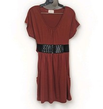 Chesley Boho Rust Mini Dress Belted Studded Waist Casual Cottagecore Chic