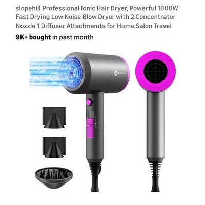 Slopehill Professional Ionic Hair Dryer 1800W Gray/Purple, Diffuser, Concentrat 