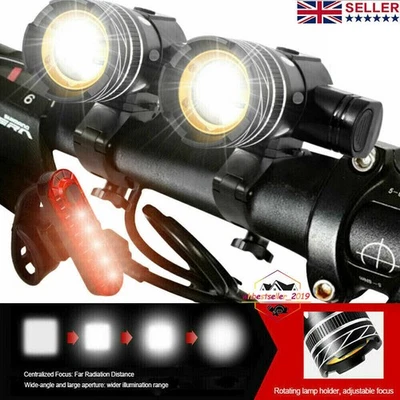 2 Mountain Bike Lights USB Rechargeable Bicycle LED Torch Front Rear Lamp Set A