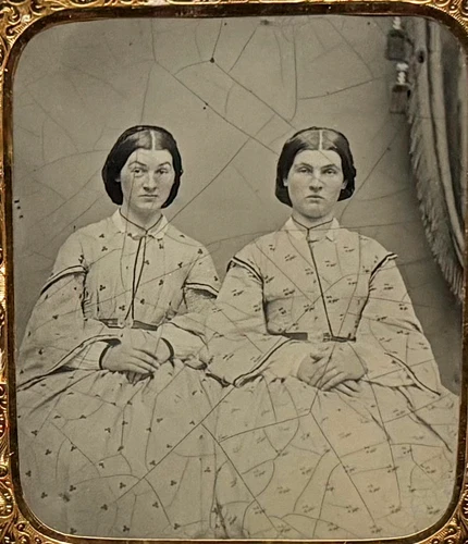 1/6 Plate Tintype - Sisters (?) In White Dresses - Full Thermoplastic Union Case