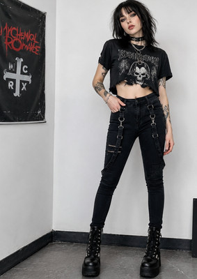 Hot Topic Jeans Jr. Sz 13 Black Zipper High Rise Super Skinny Suspender Straps