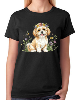 Floral Shih Tzu Puppy Illustration Damen T-Shirt süß Hund Kunst Tee