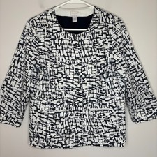 CHICO'S Black White Blazer Womens M 3/4 Sleeve Pockets Hidden Snap Closure