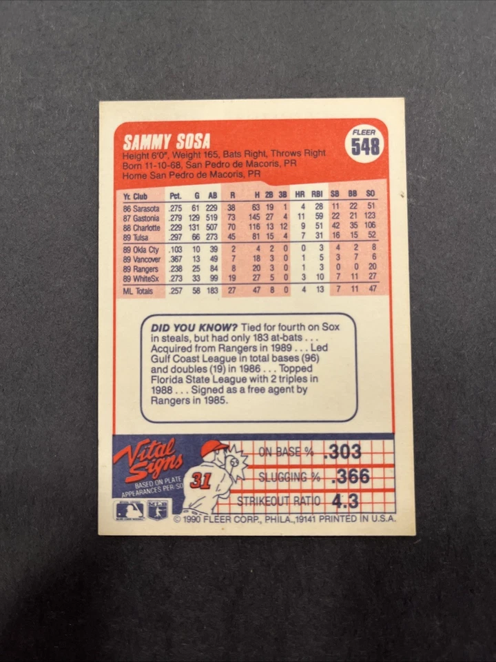 Tarjeta de novato Fleer 1990 - Sammy Sosa #548... error... fecha de nacimiento incorrecta Foto 2 de 3