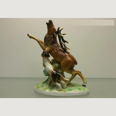 Antique Fasold & Stauch Elk and Dog Statue Porcelain Marked from Germany 14781