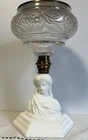 EAPG Atterbury Lady Liberty Lamp with Clear Font & Connector- Milk Glass Base