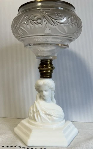 EAPG Atterbury Lady Liberty Lamp with Clear Font & Connector- Milk Glass Base