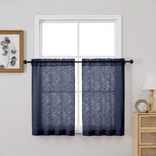 Textured Navy Blue Sheer Curtains - 36" Length, Light Filtering, 2 Panels, Dual