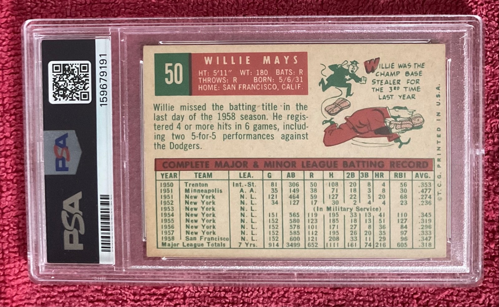 1959 Topps Willie Mays #50 PSA 4.5 VG-EX Condition Perfectly Centered view 2