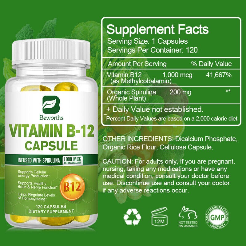 120 Capsules Beworths Vitamin B12 (Methylcobalamin) 1000mcg,Energy,Heart Health