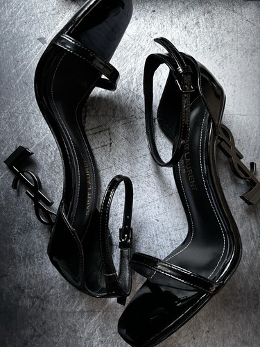 Saint Laurent Opyum 110 YSL Black Patent Leather Stiletto Sandal Heels