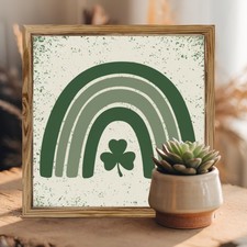 St. Patrick's Day Framed Wood Sign Green Rainbow Shamrock Rustic Farmhouse Decor