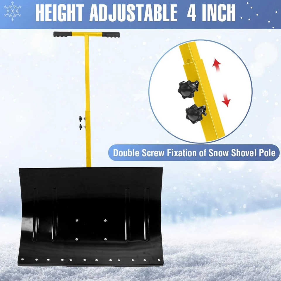 Snow Shovel Pusher w/ Adjustable Handle & Wheels for Driveway Snow Removal - Image 3 of 4