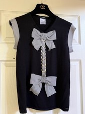 CHANEL 07A VINTAGE NEW TAGS BLACK TOP DRESS BLUE BOW SILVER CHAIN FR42 $3.9K