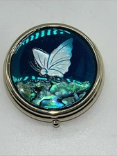 Butterfly Abalone 3D Enamel Gold Trinket Pill Box Container Turquoise Blue