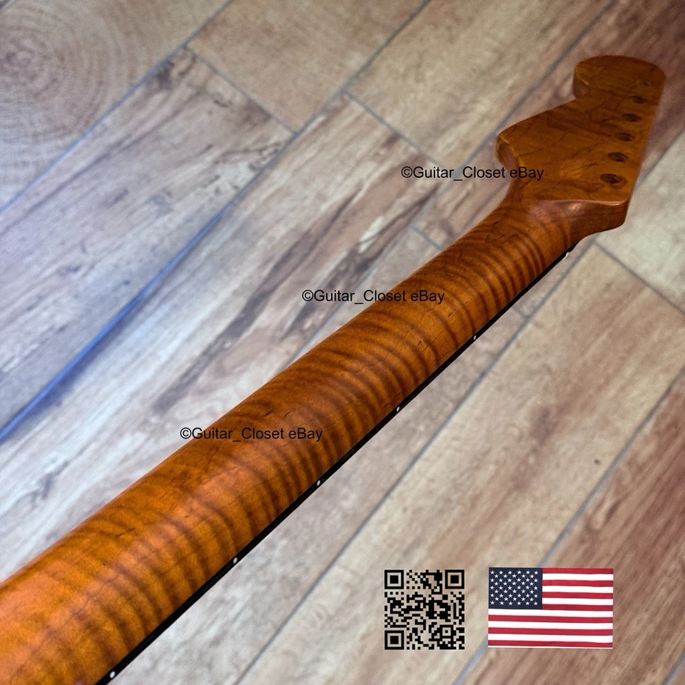 Roasted Flame Maple Stainless Fret Rosewood Strat Neck Nitro Fit Warmoth SR22G - Image 4 of 4