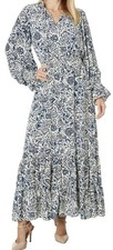 Vince Camuto Blue & White Paisley Smocked Ruffle Cuff Maxi Dress Womens XL