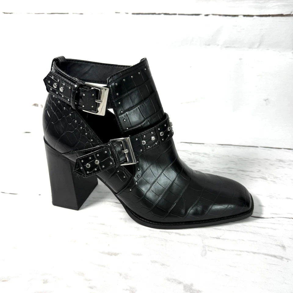 Zapatos Zara para mujer 42 EE. UU. 11 botines negros recortados tachonados tacón bloque estampado cocodrilo Foto 3 de 4