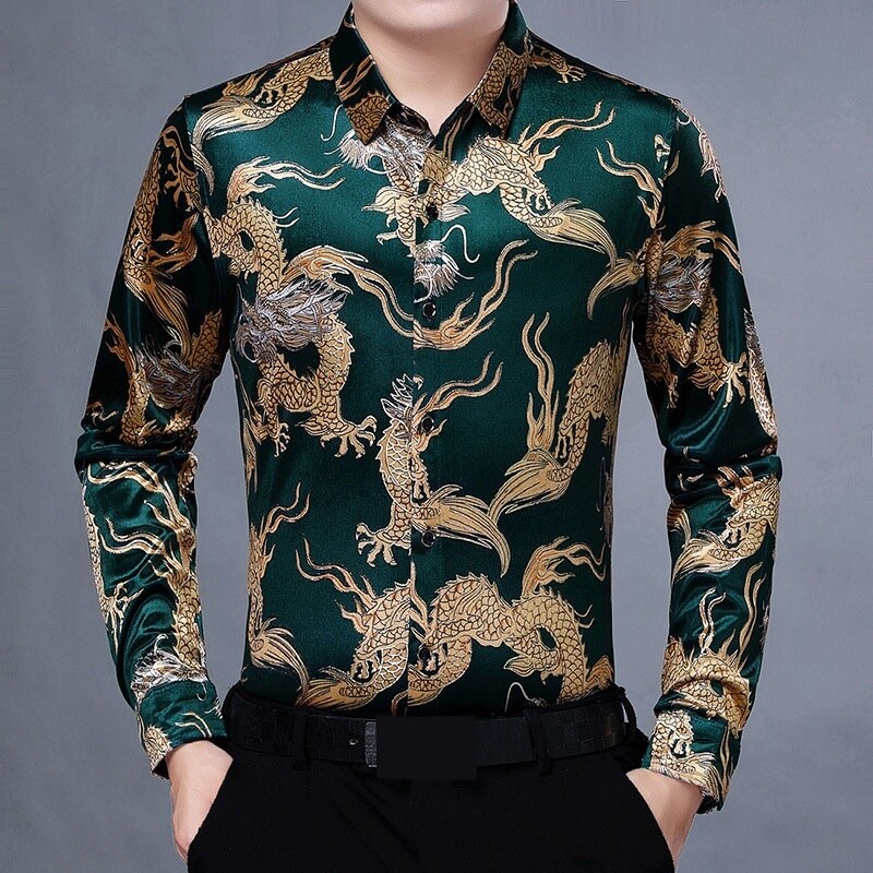 トップス velour jersey china shirt Men Velvet Shirt Chinese Gold Dragon Print Retro Animal