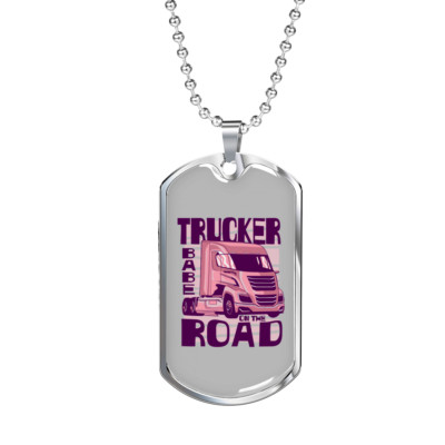 Trucker Babe On The Road Dog Tag Stainless Steel or 18k Gold 24'' Chain