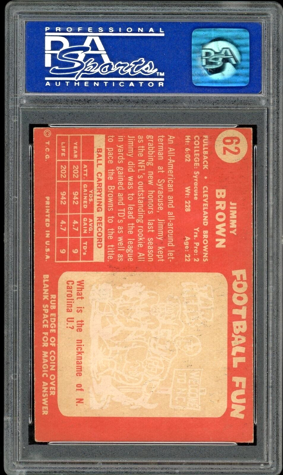 1958 Topps Jim Brown Rookie Card HOF #62 - Certified PSA 5 (Excellent) - Rare! view 3