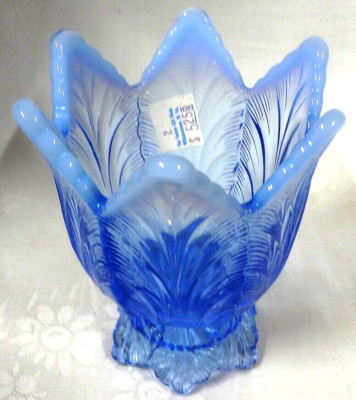 Vintage FENTON blue opal LEAF VOTIVE CANDLEHOLDER combo TAPER or VASE - w/TAG