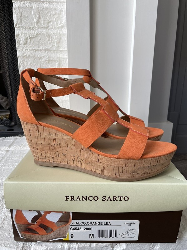 NEW Women Franco Sarto Falco Cork Wedge Sandals Orange 9 M Summer Spring VOLS UT