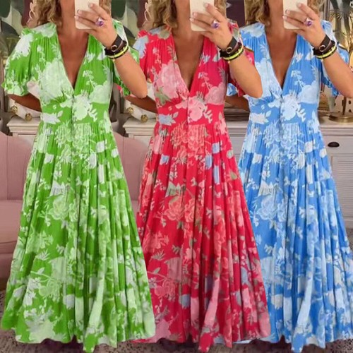 Damen Sommer-Strandkleid Boho-Blumen Lässig V-Ausschnitt Maxikleid A-Linien- æ - Bild 2 von 17