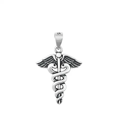HERMÈS "CIONDOLO ARGENTO STERLING 925 ""CADUCEO"" 13MM CON COLLANA CATENA SERPENTE 18"