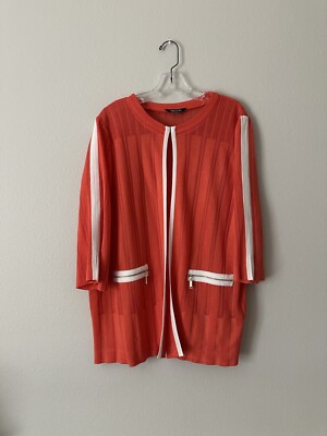 Misook Woman s Sweater Cardigan Long Coral Pockets Zip White Straps Size XL