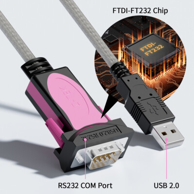 FTDI Chip USB 2.0 to RS232 Serial DB9 9 pin Adapter Cable 1.5m Windows 10/8/7