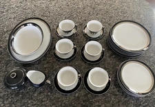 Rare Full Set Fine China Tradition By Gemini  3515 Service for 6 Black Wht Silv