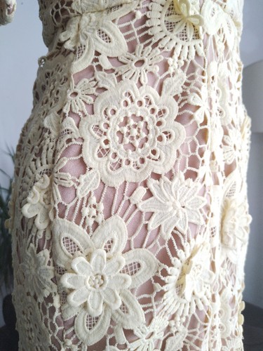 8, Yellow Beige Over Cutwork Floral Lace Bardot Midi Dress, JARLO, Rrp £120 - Picture 8 of 9