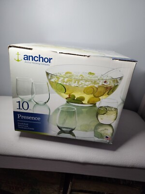 Anchor Hocking Set Of 10 Punch Bowl Wine Glasses Laddle