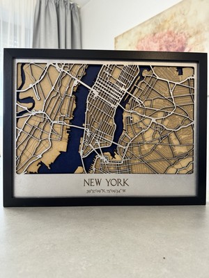 Holzkarte von New York in 30x40cm, 3 Lagig, 3d Kunst, Stadtkarte, Gemälde