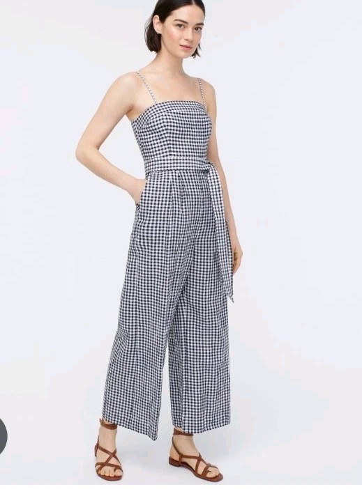 J.Crew Tie-waist Linen Jumpsuit in Navy White Gingham Belted Sz 4