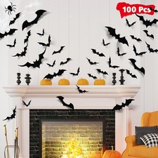 100Pcs 3D Halloween Bat Wall Stickers PVC Flying Bats Spooky Party Home Decor