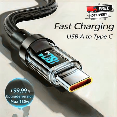 USB A to USB C Cable LED Display 6A Data Sync with Display 180W Fast Charging