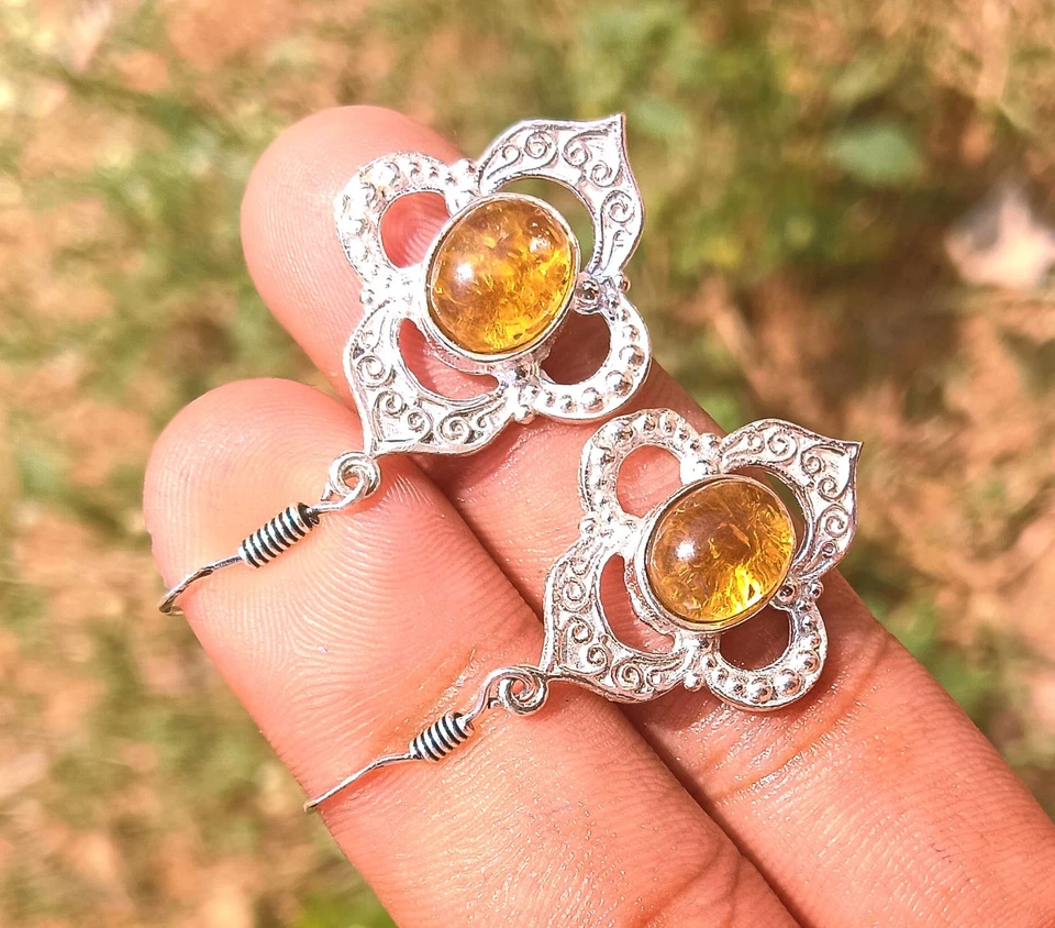 925 Sterling Silver Plated Baltic Amber Gemstone Earring Birthday gift Jewelry - Image 2 of 4