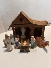 VTG MCM Nativity Set 9 Pc Manger w/ Beautiful Mural Background 12"×9" Japan