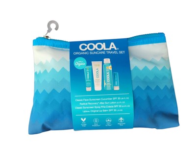 COOLA Organic Suncare Travel Set Sunscreen, Lip Balm, After Sun + Bag NWT 4 pcs