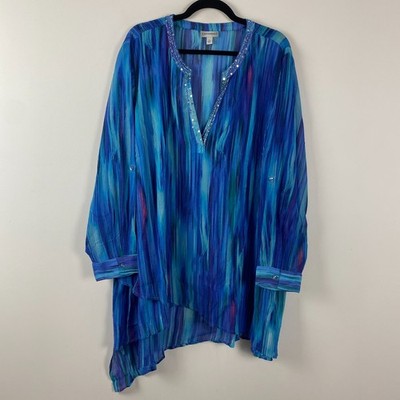 Catherines Asymmetric Embellished Tunic Size 2X Blue Multi Chiffon Sheer