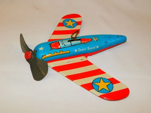 Vtg 1950s OHIO ART Coast Guard Friction Airplane Plane  wind-up  tin toy 4 Parts