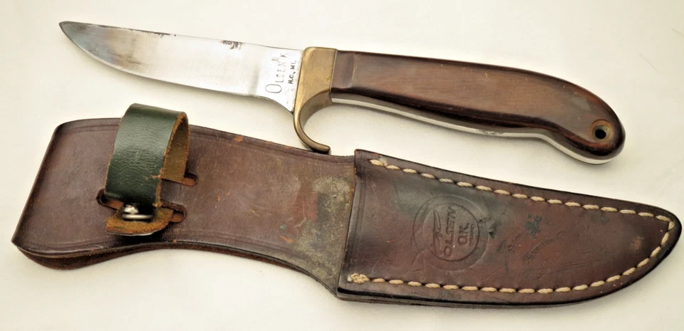 Cuchillo de caza de hoja fija vintage OLSEN KNIFE CO HC MI asas de madera y funda Foto 2 de 4