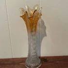VTG FENTON DIAMOND POINT COLUMNS ORANGE CLEAR CARNIVAL VASE  SWUNG