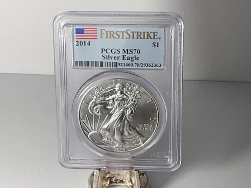 PCGS MS70 2014 $1 Silver Eagle - First Strike Flag Label - 1 oz .999 Silver 1oz